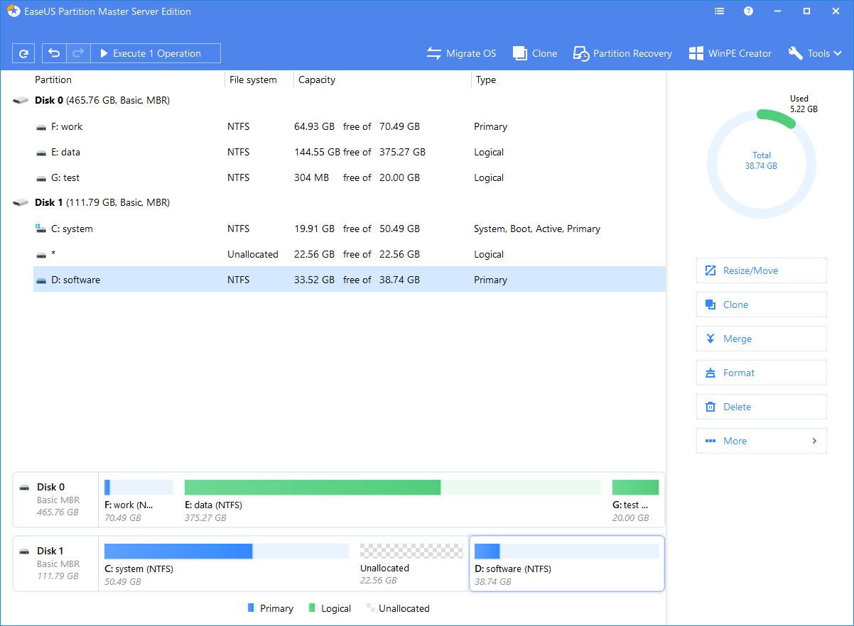 EaseUS Partition Master for resizing partition size
